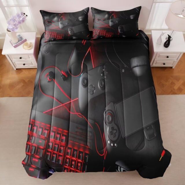 Gaming Comforter for Boys Teens,Game Bedding Sets Full,Kids Gamer Comforter Set,Video Game Bedroom Decor,Gamepad Controller Duvet Insert All Season 3 Piece 1 Comforter and 2 Pillowcases