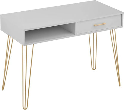mDesign Metal/Wood Modern Computer Desk - Minimalist Desk and Computer Table with Drawer - Simple Desk with Storage Cubby and Hairpin Legs - Small Work Desk for Home Office, Study - Gray/Soft Brass