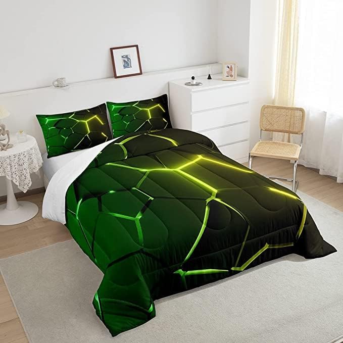 Honeycomb Comforter Green Yellow Hexagonal Print Bedding Set for Kids Boys Girls Children Beehive Geometrical Comforter Set Ultra Soft Decor Reticulated Duvet Set King Size