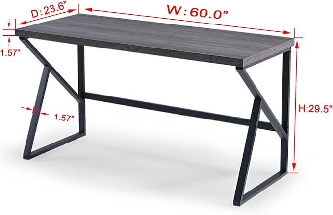HSH Large Rustic Grey Computer Desk, Metal and Wood Home Office Desk, Industrial Vintage Soho Study Writing Table, Big Long PC Desk Workstation for Livingroom Bedroom, Dark Gray Oak, 60 Inch Wide