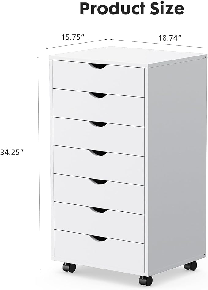 OLIXIS 7 Drawer Chest Wood File Cabinet Rolling Organization Storage Dresser with Wheels for Home Office, 15.75" D x 18.74" W x 34.25" H, White