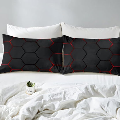 Honeycomb Bedding Set Honeycomb Modern Geometry Hexagon Theme Comforter Set for Kids Boys Children Geometrical Comforter Ultra Soft Beehive Black Red Decor Duvet Set Full Size