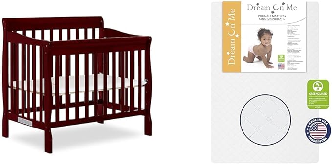 Aden 4-in-1 Convertible Mini Crib in Cherry, Greenguard Gold Certified & Sunset 3” Extra Firm Fiber Crib Mattress, Greenguard Gold Certified