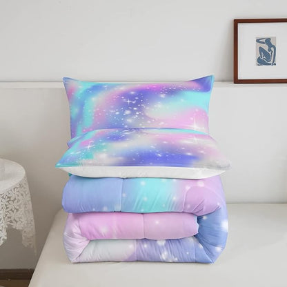 Erosebridal Ombre Comforter Rainbow Comforter Set Queen Tie Dye Galaxy Duvet Set Nebula Bedding Starry Sky Quilt Set Pastel Stars Glitter Bedding Set Purple Blue Bedroom Decorative Down Comforter