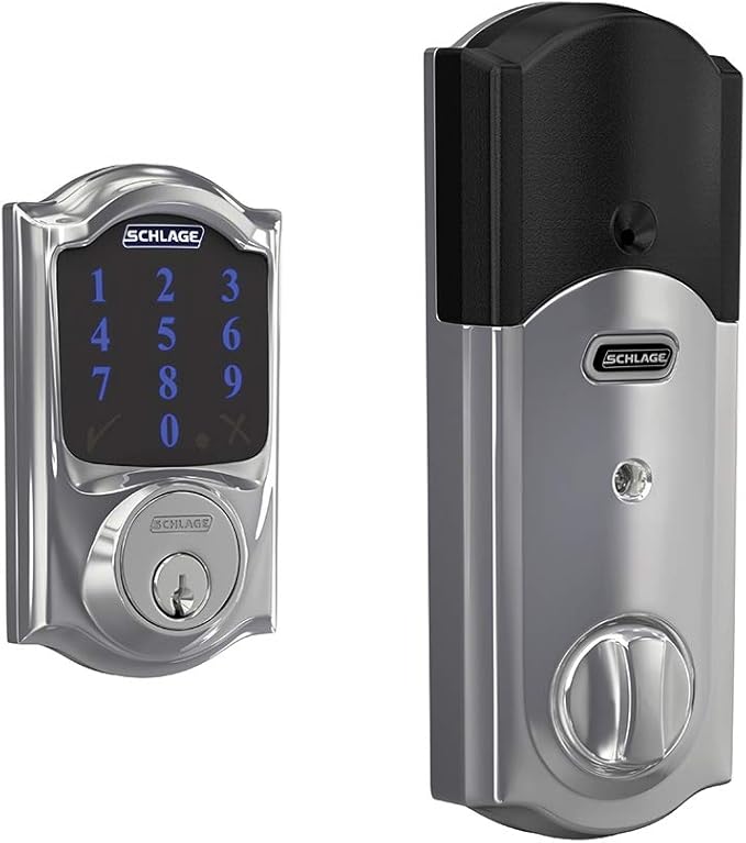 SCHLAGE BE469ZP CAM 625 Connect Smart Deadbolt With Alarm Inbuilt Camelot Trim In Bright Chrome