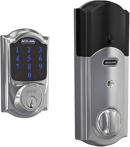 SCHLAGE BE469ZP CAM 625 Connect Smart Deadbolt With Alarm Inbuilt Camelot Trim In Bright Chrome