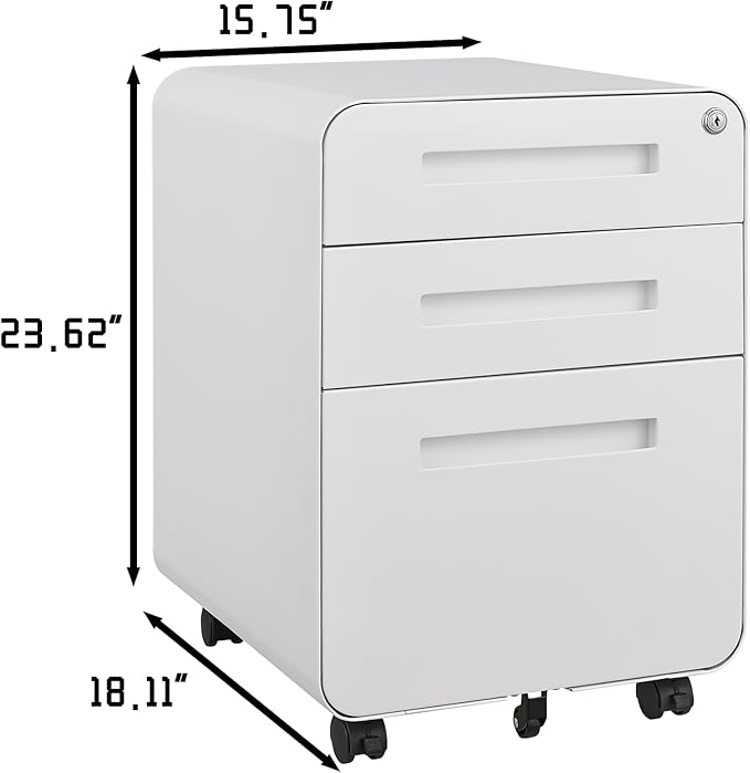 3 Drawer Mobile Desk Office with Lock and Wheels,Versatile Storage Cabinets w/Anti-Tilting Cold Rolled Steel Waterproof Moisture-Proof,for Legal/Letter/A4 Files,White