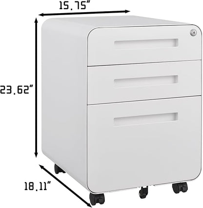 3 Drawer Mobile Desk Office with Lock and Wheels,Versatile Storage Cabinets w/Anti-Tilting Cold Rolled Steel Waterproof Moisture-Proof,for Legal/Letter/A4 Files,White