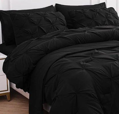 LANE LINEN California King Comforter Set, 7 Piece Cal King Bed in a Bag, Pintuck Cal King Bedding Set, Soft Cali King Bed Set, Cal King Bedding Comforter Sets with Sheets, Pillowcases & Shams - Black