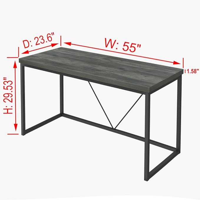 55 inch Computer Desk, Vintage Work Desk for Home Office, Rustic Wood and Metal Study Writing Table, Grey