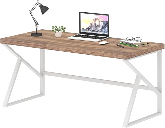 HSH Farmhouse Computer Desk, Large Home Office PC Desk, Modern Simple Metal Wood Desk Workstation for Executive Writing Study, Rustic Long Bedroom Living Room Table, White and Rustic Oak, 60 Inch