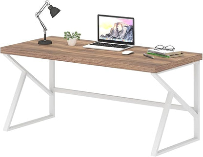 HSH Farmhouse Computer Desk, Large Home Office PC Desk, Modern Simple Metal Wood Desk Workstation for Executive Writing Study, Rustic Long Bedroom Living Room Table, White and Rustic Oak, 60 Inch