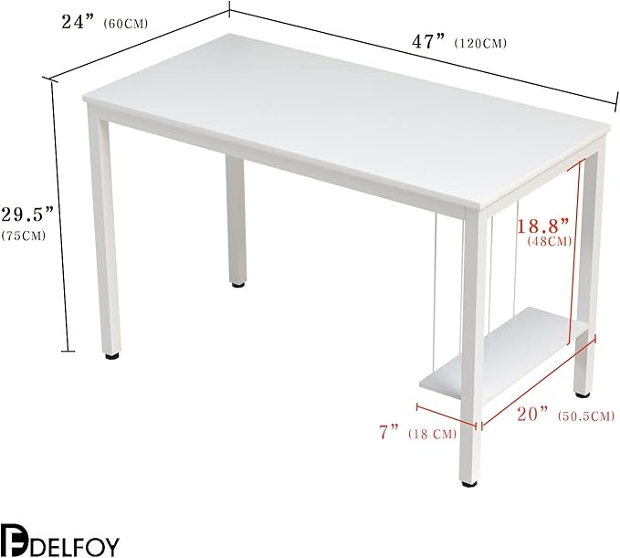 White Computer Desk 47" Writing Desk Study Table with CPU Storage Shelf for Home Office, Workstation, Office, Gaming Room- Sturdy Stable White Metal Frame