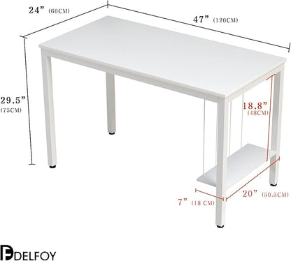White Computer Desk 47" Writing Desk Study Table with CPU Storage Shelf for Home Office, Workstation, Office, Gaming Room- Sturdy Stable White Metal Frame