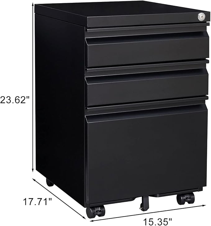 3-Drawer Mobile Lock and 5 Casters,Pre-Assembled Metal Office Storage Filing Cabinets w/ 1 Removable Hanging Rods,for Legal/Letter Size,Black