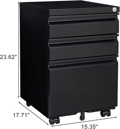 3-Drawer Mobile Lock and 5 Casters,Pre-Assembled Metal Office Storage Filing Cabinets w/ 1 Removable Hanging Rods,for Legal/Letter Size,Black