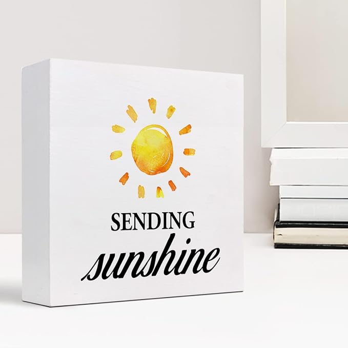 Sending Sunshine Wood Block Sign Desk Decor,Rustic Inspirational Wooden Box Plaque Sign Desk Decor for Home Office Shelf Table Decorations