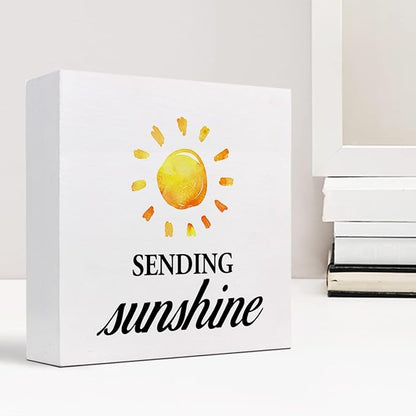 Sending Sunshine Wood Block Sign Desk Decor,Rustic Inspirational Wooden Box Plaque Sign Desk Decor for Home Office Shelf Table Decorations