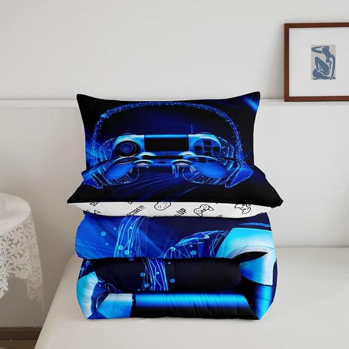 Feelyou Gamer Bedding Set Kids Video Game Gamepad Comforter Set for Boys Teens Gaming Headset Comforter Breathable Blue Game Controller Duvet Set Room Decor Quilt Set Twin Size