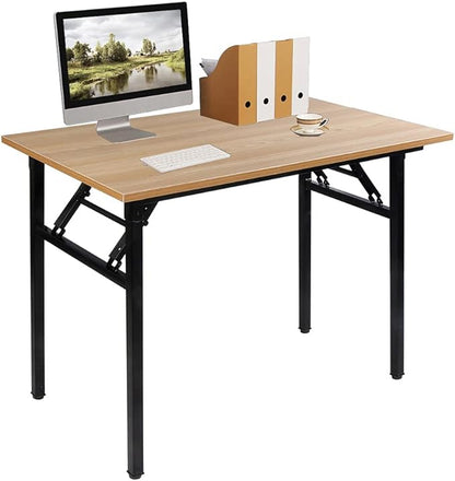 SDHYL 39 inchesNo Assembly Foldable Computer Desk for Home Office Workstation, Study and Writing, Teak Board and Black Leg