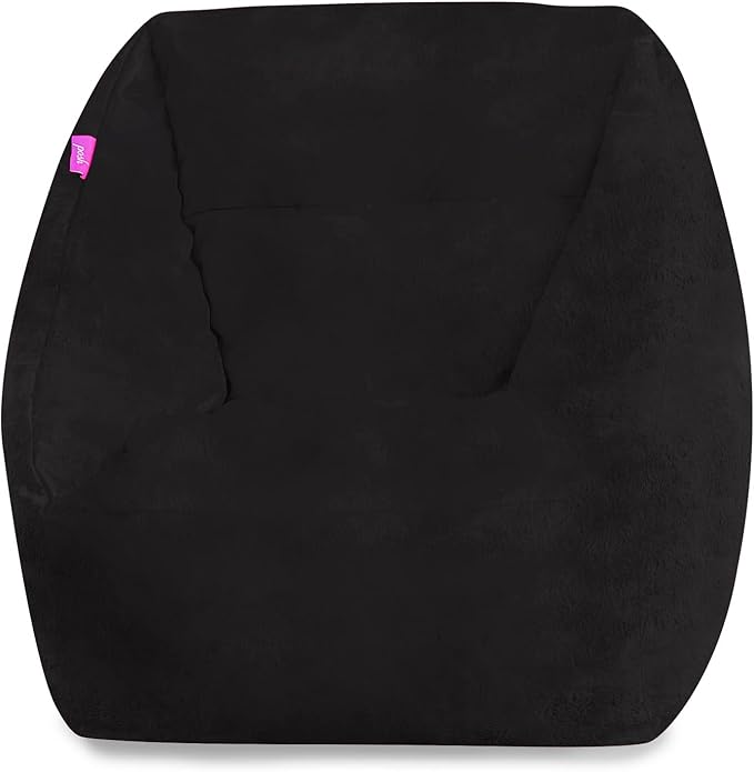 Posh Creations Structured Comfy Bean Bag Chair for Gaming, Reading, and Watching TV, Coronado Chair, Rabbit Fur - Black