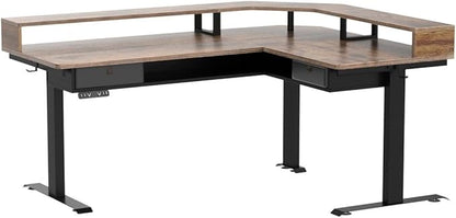 FEZIBO 63" L Shaped Standing Desk with LED Strip, Electric Triple Motor Sit Stand up Corner Desk Height Adjustable with Monitor Stand & Shelves, 2 Drawers, Ergonomic Home Office Desk, Rustic Brown