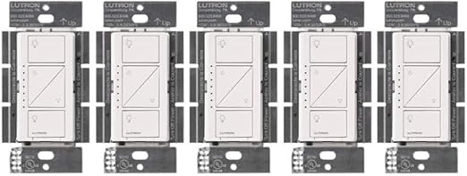 Lutron Caseta Original Smart Dimmer Switch (Lutron Smart Hub Required), for LED Lights, 150 Watt, Single-Pole/3-Way, No Neutral Required, PD-6WCL-WH 5-PACK, White, 5 Pack