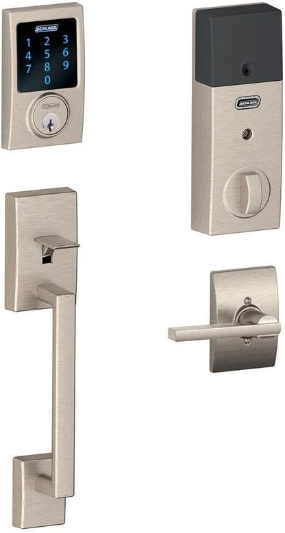 SCHLAGE Connect Century Touchscreen Deadbolt with Built-In Alarm and Handleset Grip with Latitude Lever, Satin Nickel, FE469NX LAT 619 CEN