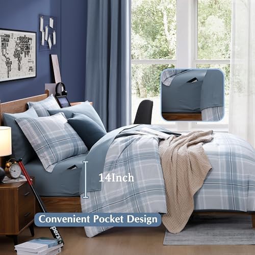Blue Comforters Queen Size, Plaid Queen Bedding Sets for Boys & Girls,Classic Homestead-Style Bed in A Bag Queen with Sheets and Comforter Set (Light Blue,Queen,90"*90")