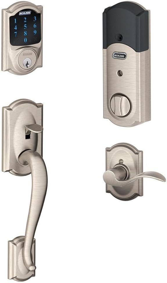 SCHLAGE Connect Camelot Touchscreen Deadbolt with Built-In Alarm and Handleset Grip with Accent Lever, Satin Nickel, FE469NX ACC 619 CAM LH, Works with Alexa