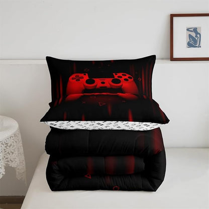 Feelyou Queen Comforter Set for Boys Gamer Bedding Set for Boys Kids Gaming Comforter Red Black Teen Child Gamer Room Decor Soft Game Geometric Duvet Quilted 1 Comforter with 2 Pillowcases Gamer Gifts