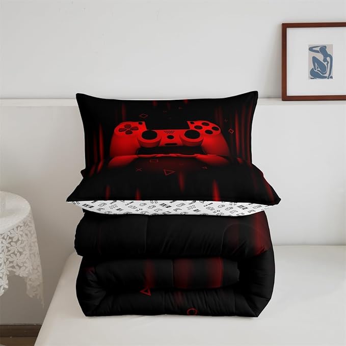 Feelyou Twin Comforter Set for Boys Gamer Bedding Set for Boys Kids Gaming Comforter Red Black Teen Child Gamer Room Decor Soft Game Geometric Duvet Quilted 1 Comforter with 1 Pillowcase Gamer Gifts