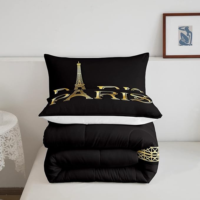 Erosebridal Eiffel Tower Comforter Set, City Building of Paris Bedding Set Twin Size, Gold Black Duvet Sets for Kids Boys Girls Teens Bedroom, Soft Microfiber Bedding Comforters with 1 Pillow Case