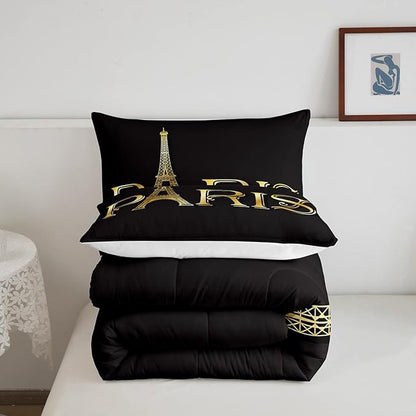 Erosebridal Eiffel Tower Comforter Set, City Building of Paris Bedding Set Twin Size, Gold Black Duvet Sets for Kids Boys Girls Teens Bedroom, Soft Microfiber Bedding Comforters with 1 Pillow Case