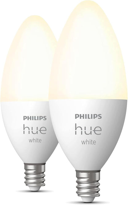 Philips Hue Smart 40W B39 Candle-Shaped LED Bulb - Soft Warm White Light - 4 Pack - 450LM - E12 - Indoor - Control with Hue App - Compatible with Alexa, Google Assistant and Apple Homekit