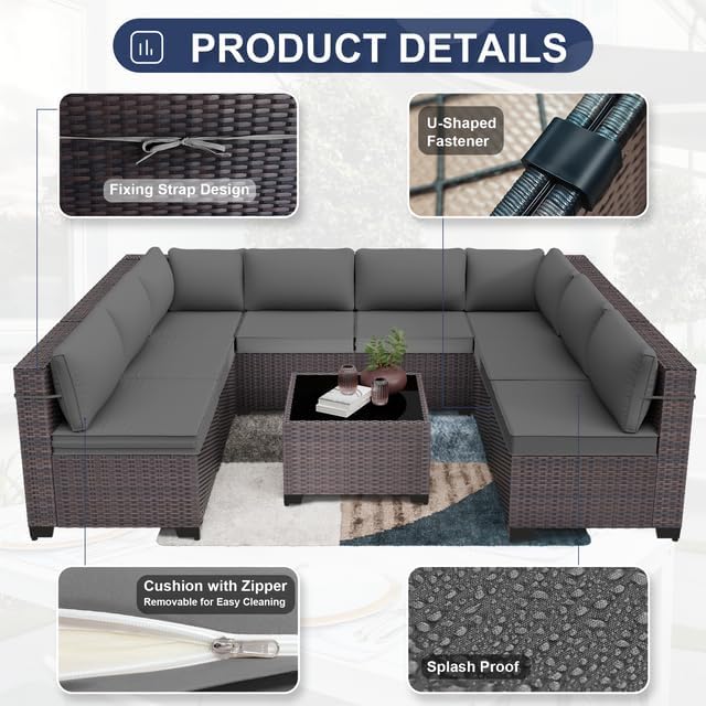 Patio Furniture Set 9-Piece Outdoor Furniture for Backyard Wicker Sectional Sofa Set, Rattan Patio Conversation Set with Thickened Cushions and Glass Coffee Table, Grey