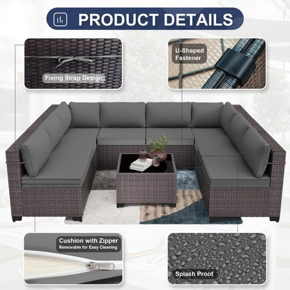 Patio Furniture Set 9-Piece Outdoor Furniture for Backyard Wicker Sectional Sofa Set, Rattan Patio Conversation Set with Thickened Cushions and Glass Coffee Table, Grey