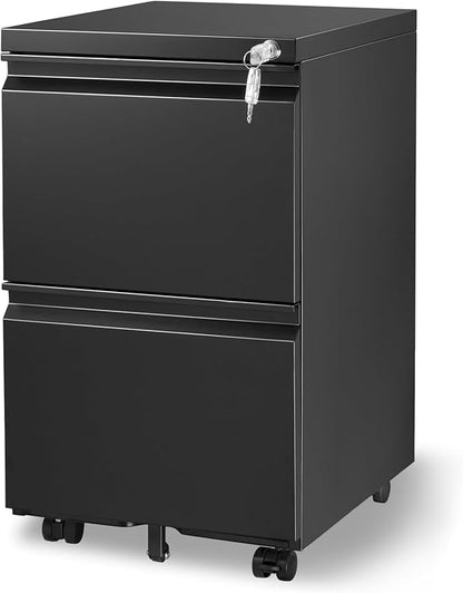 2-Drawer Mobile File Cabinets Rolling Metal Filing Cabinet for Legal & Letter File Anti-tilt Design with Lock Under Desk Office Drawers Fully Assembled Except Casters Black