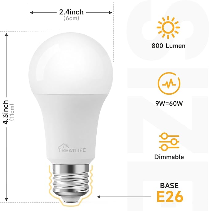 TREATLIFE Smart Light Bulbs 4Pack, 2500K-6500K Tunable White Dimmable LED Light Bulb Compatible with Alexa and Google Home, 2.4GHz WiFi Smart Bulb, 800LM, E26 A19 9W, No Hub Required