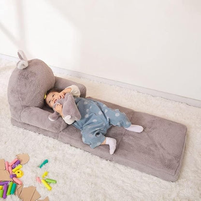 Kids Couch Fold Out Soft Toddler Chairs,Toddler Armrest Chair Bed for Play,Gift for 0-3 Years,Grey Bunny