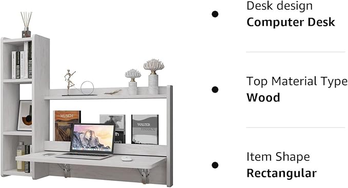 Pmnianhua Floating Desk,41'' Wall Mounted Desk Fold Down Laptop Desk Folding Space Saving Table Workstation with Storage Shelves for Bedroom Study Room Small Space (Off White-Left)