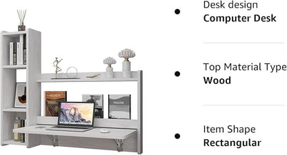 Pmnianhua Floating Desk,41'' Wall Mounted Desk Fold Down Laptop Desk Folding Space Saving Table Workstation with Storage Shelves for Bedroom Study Room Small Space (Off White-Left)