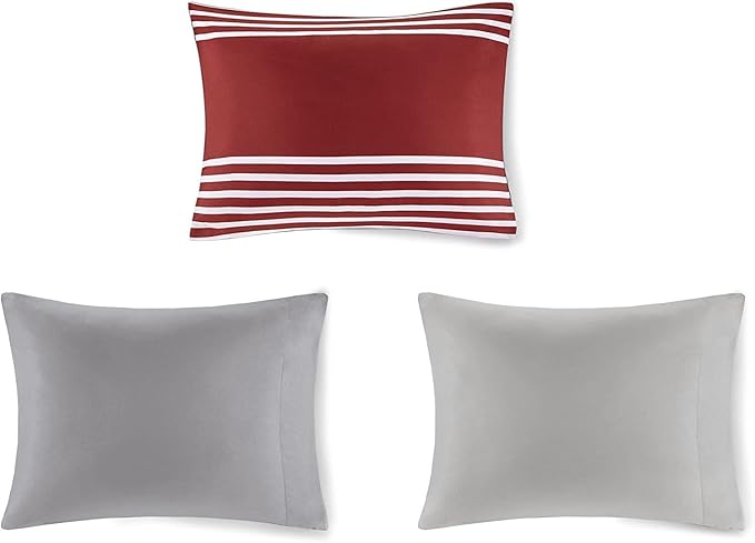 Comfort Spaces Queen Comforter Sets with Sheets - Bed in a Bag 9 Pieces Teen Bedding Sets Queen, Red and Grey Stripes Bedding Queen, College Queen Bed Set with 2 Side Pockets Bedroom Organizer