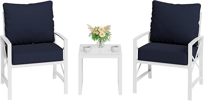 Shintenchi 3 Piece White Metal Outdoor Furniture Sectional Set, Modern Outdoor Metal Chair Conversation Furniture Set with Coffee Table for Patio,Backyard,Balcony (Dark Blue)