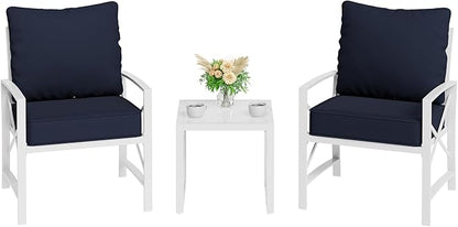 Shintenchi 3 Piece White Metal Outdoor Furniture Sectional Set, Modern Outdoor Metal Chair Conversation Furniture Set with Coffee Table for Patio,Backyard,Balcony (Dark Blue)