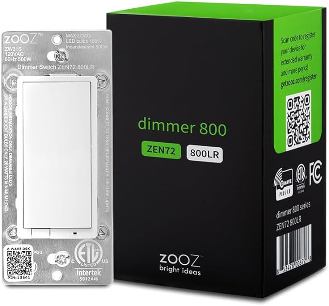Zooz 800 Series Z-Wave Long Range Dimmer Switch ZEN72 800LR, White | Direct 3-Way (No Add-On Switch Needed) | Z-Wave Hub Required