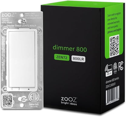 Zooz 800 Series Z-Wave Long Range Dimmer Switch ZEN72 800LR, White | Direct 3-Way (No Add-On Switch Needed) | Z-Wave Hub Required