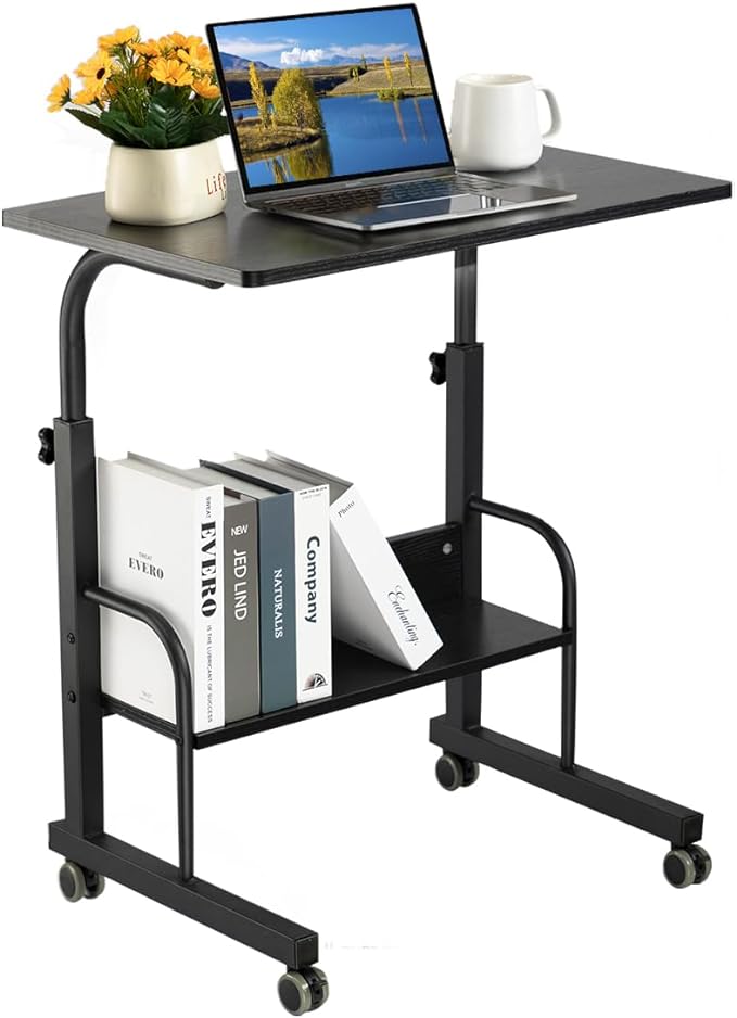 SIDUCAL Rolling Laptop Cart, Portable Laptop Desk, Computer Desk on Wheels Adjustable Height, Mobile Laptop Desk, Rolling Computer Cart, Rolling TV Cart, Small Portable Desk for Laptop, 23.6'' Black