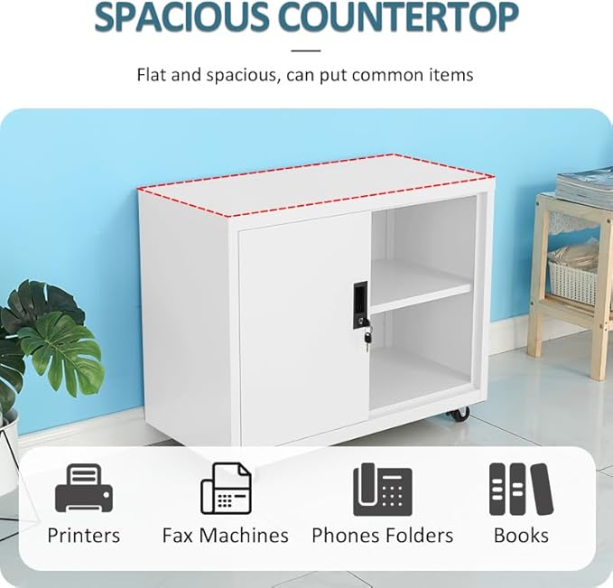 Metal Mobile Lateral File Cabinet, Storage Locker,Printer Stand with Open Storage Shelves for Office,School,Home,Living Room. (White)