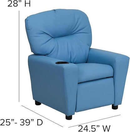 Flash Furniture Chandler Vinyl Kids Recliner with Cup Holder and Safety Recline, Contemporary Reclining Chair for Kids, Supports up to 90 lbs., Light Blue